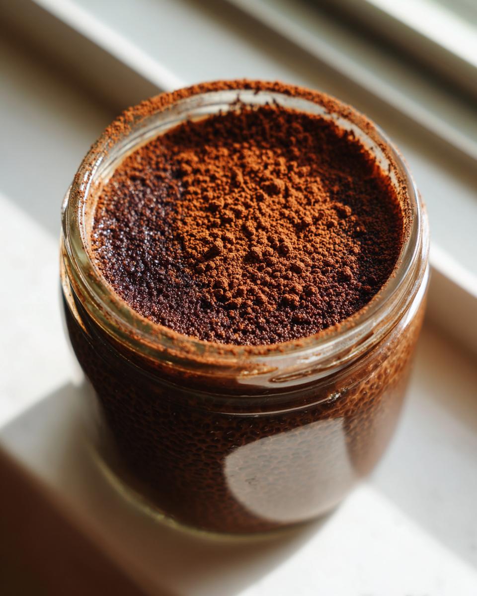 Overhead close-up of Tiramisu Chia Pudding in a glass jar, heavily dusted with cocoa powder.