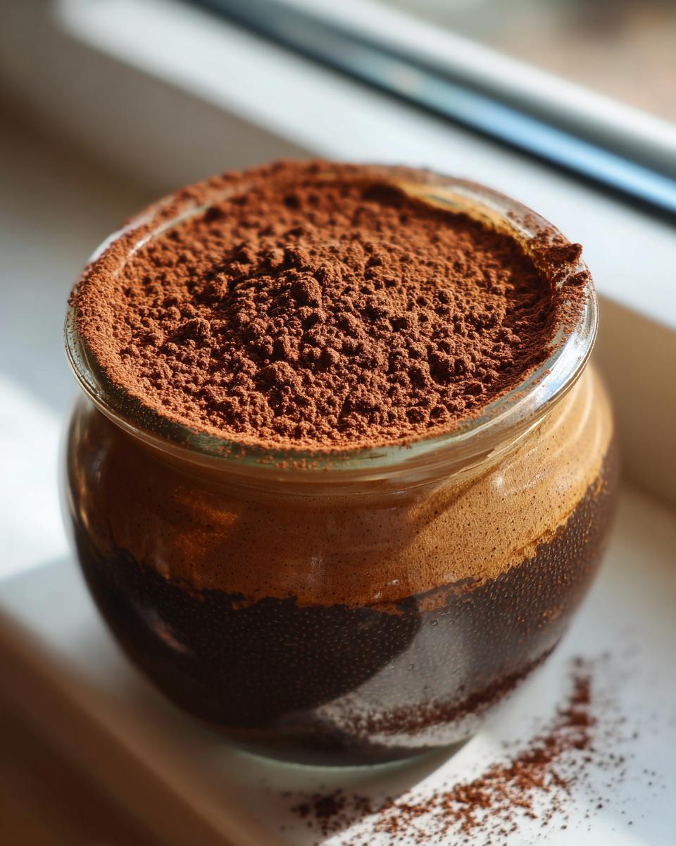 Close-up of Tiramisu Chia Pudding in a glass jar generously dusted with cocoa powder.