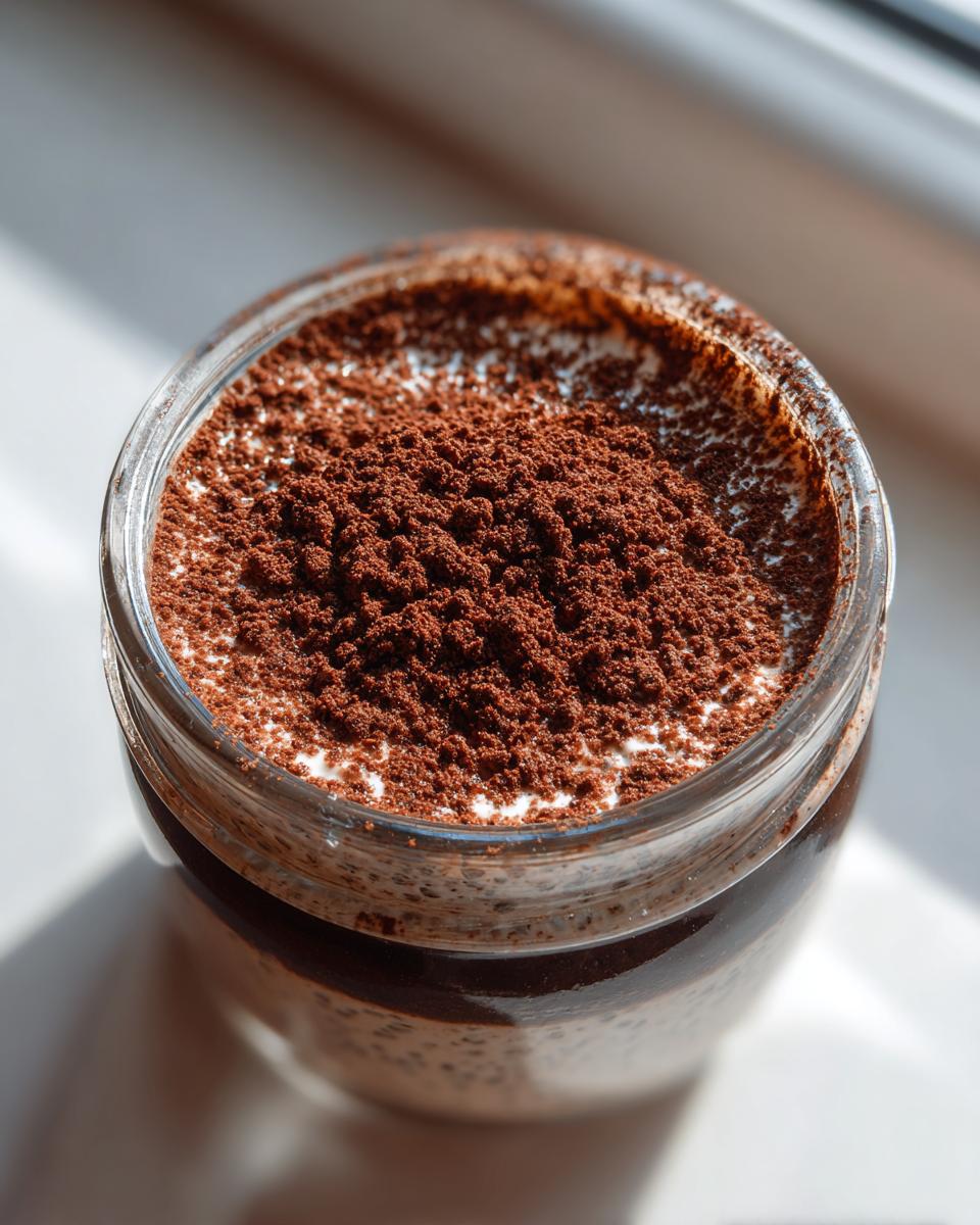 Overhead close-up of Tiramisu Chia Pudding in a glass jar, generously dusted with cocoa powder.