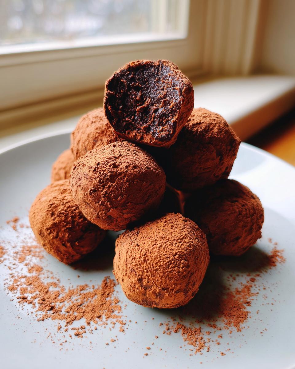 A stack of rich, cocoa-dusted Tiramisu Truffles piled on a light blue plate, one truffle is cut open.