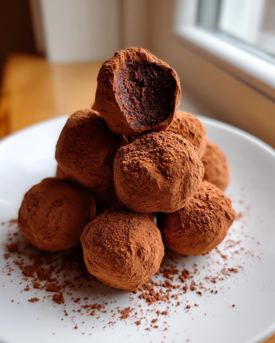A stack of rich, cocoa-dusted Tiramisu Truffles on a white plate, with one truffle broken open to show the dark interior.
