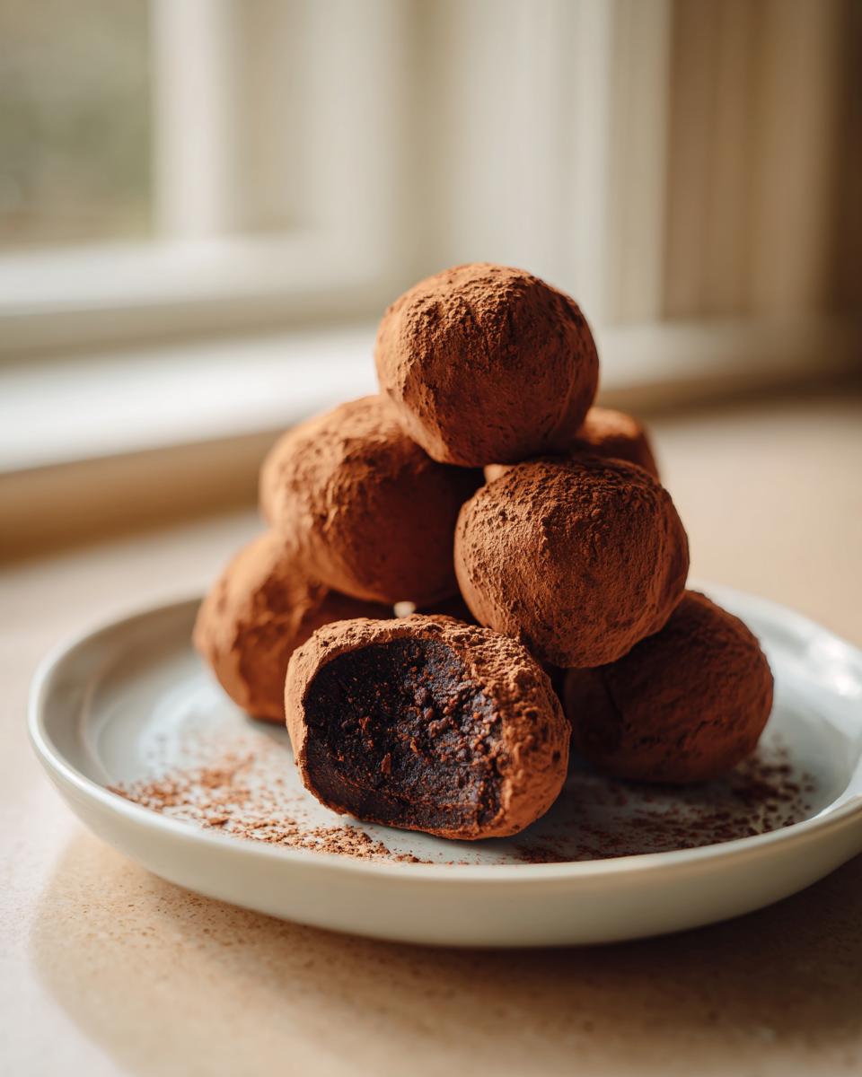 A stack of rich, cocoa-dusted Tiramisu Truffles on a white plate, with one truffle cut open showing the dark, dense center.