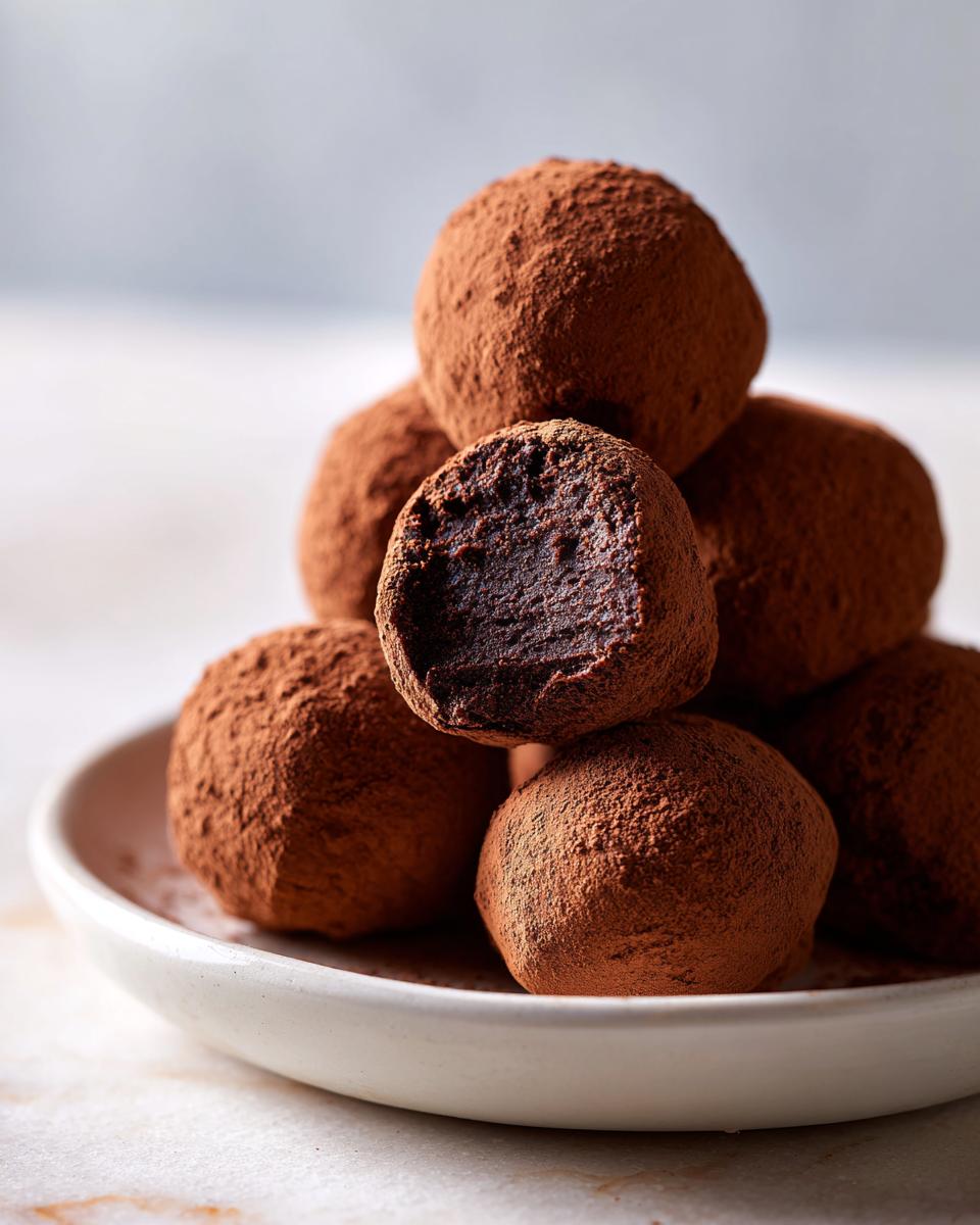 A stack of rich, cocoa-dusted Tiramisu Truffles, with one bitten open revealing the dark center.