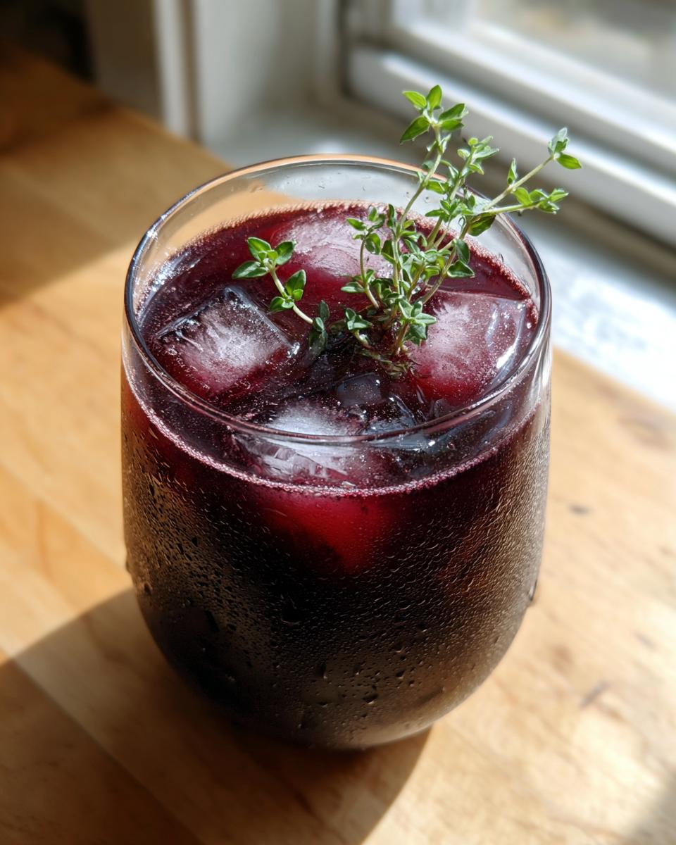 Close-up of a chilled glass filled with dark red Vampire Fig Thyme Punch, ice cubes, and a fresh thyme sprig garnish.