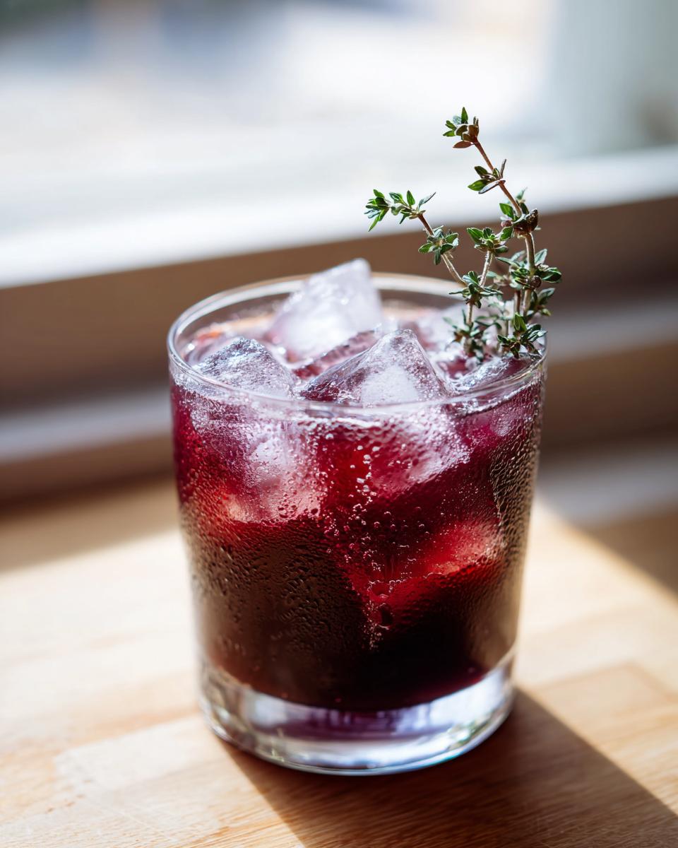 Close-up of a glass filled with Vampire Fig Thyme Punch, dark red liquid, ice cubes, and a thyme sprig garnish.