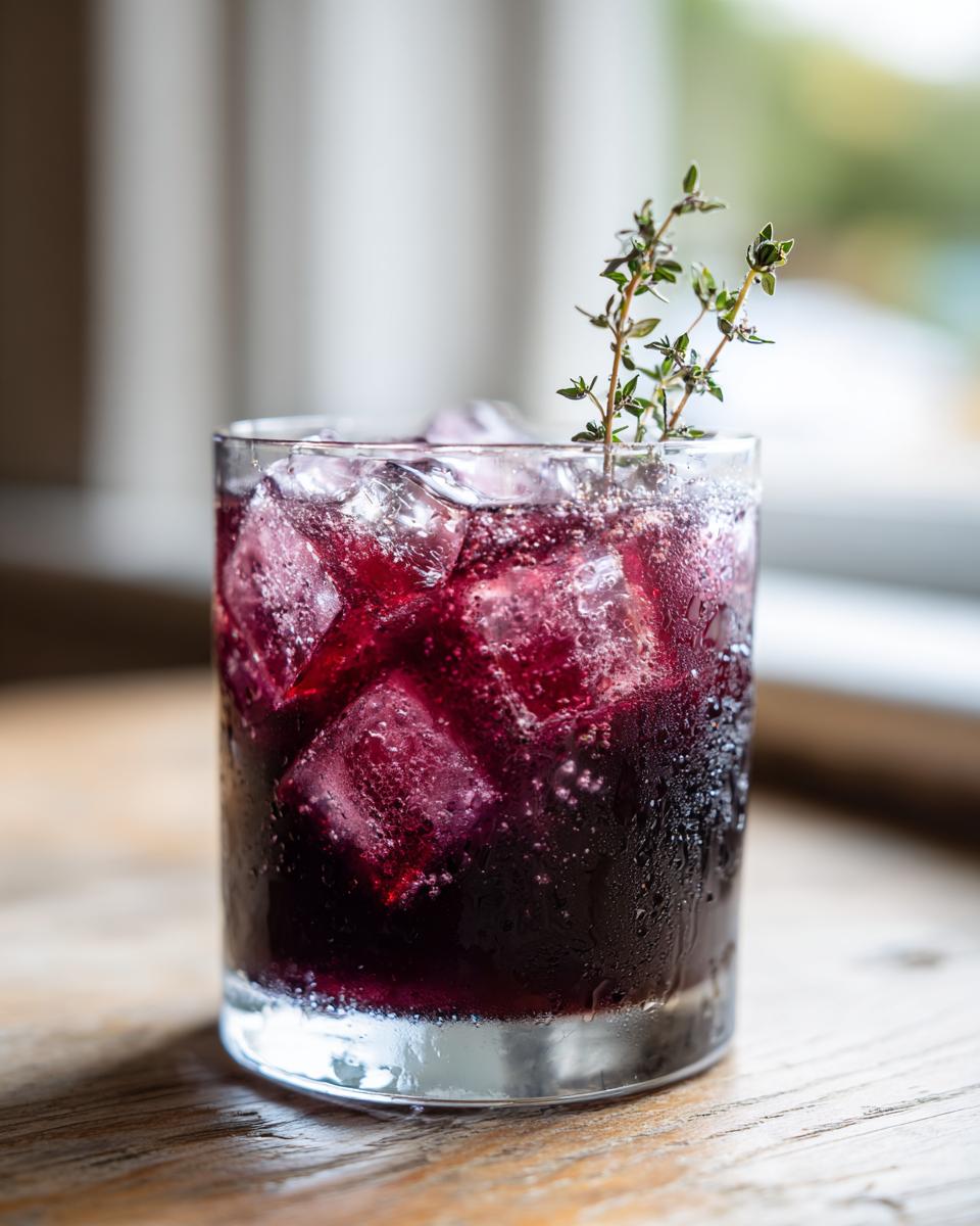 Close-up of a glass filled with dark red Vampire Fig Thyme Punch, ice cubes, and a thyme sprig garnish.