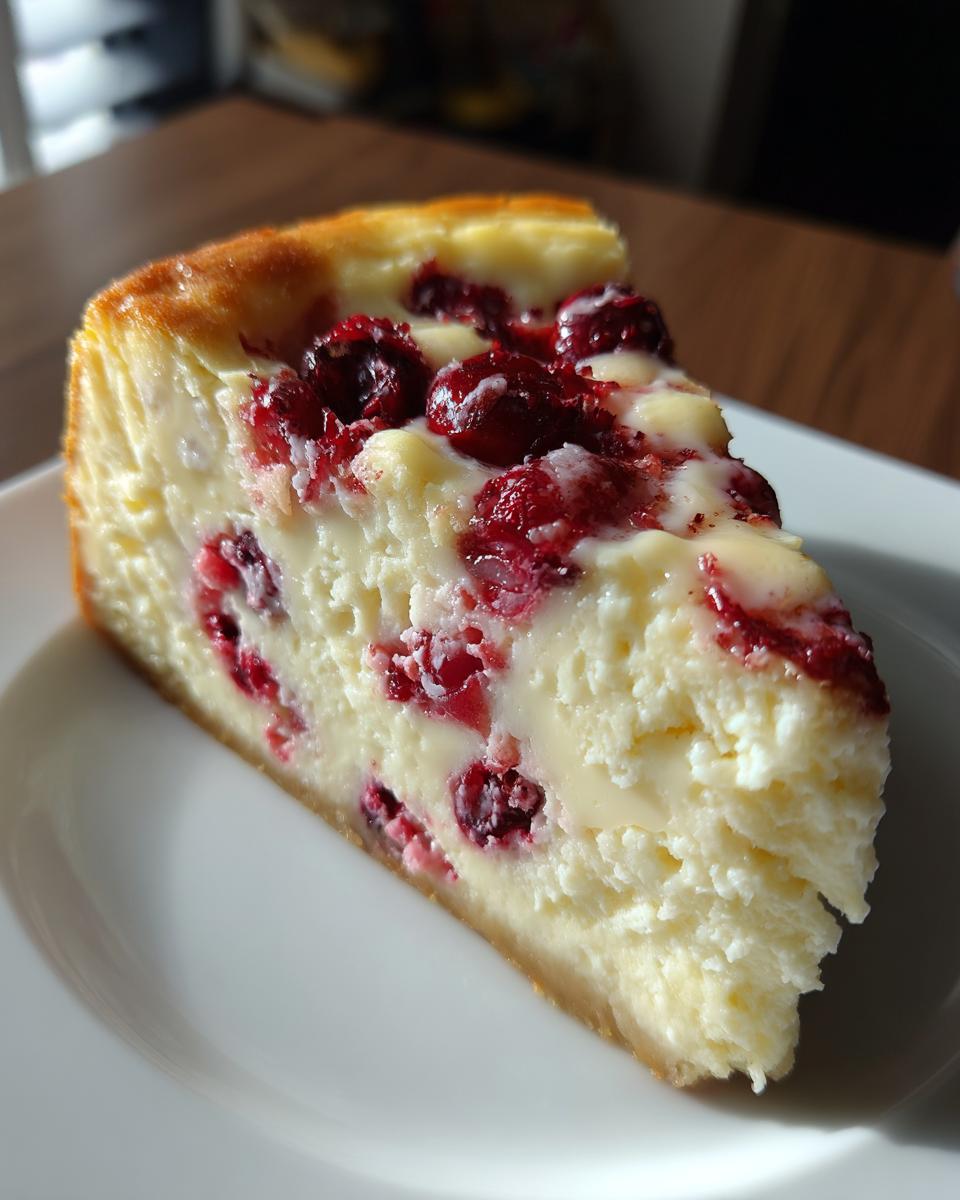 A close-up slice of creamy White Chocolate Cranberry Cheesecake studded with bright red cranberries, served on a white plate.