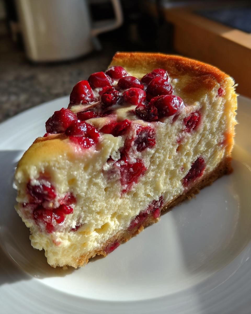 A close-up, sunlit slice of White Chocolate Cranberry Cheesecake showing the creamy filling and tart cranberry topping.
