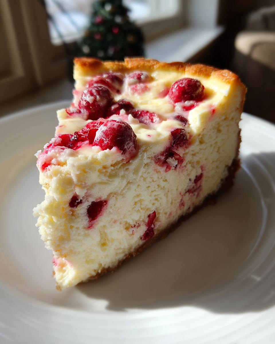 A close-up slice of creamy White Chocolate Cranberry Cheesecake topped with bright red cranberries, served on a white plate.