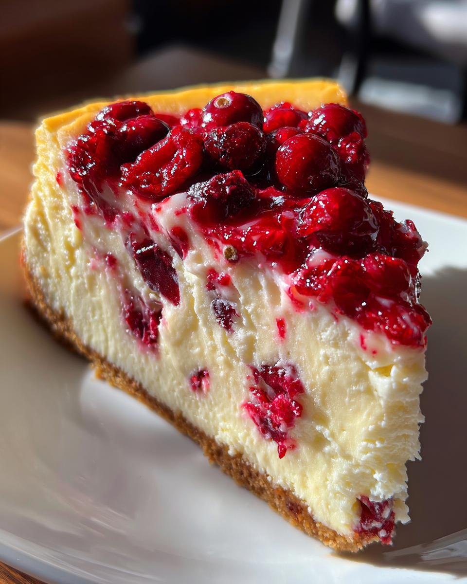 A close-up shot of a perfect slice of White Chocolate Cranberry Cheesecake topped with glossy, whole cranberries.