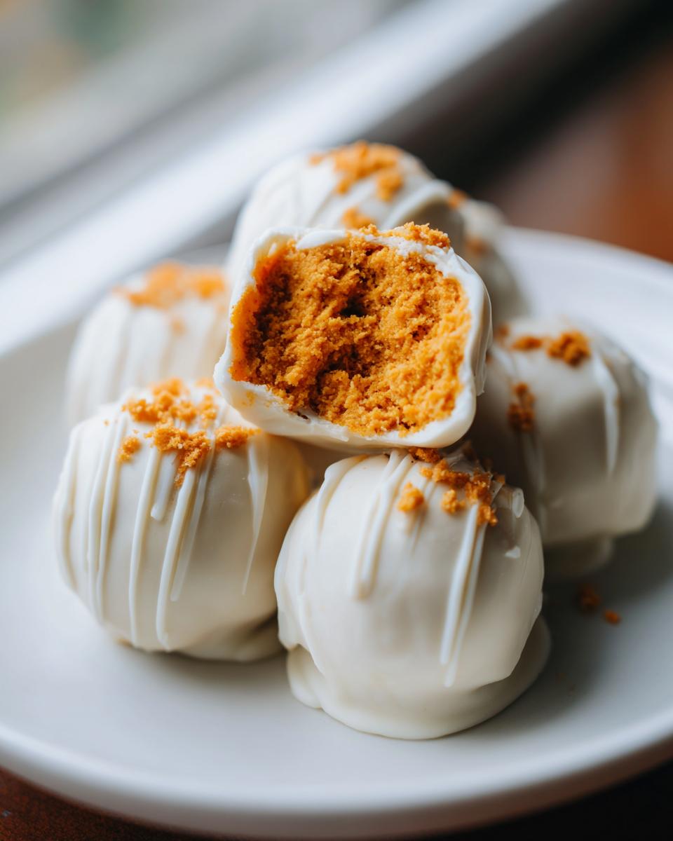 A stack of white chocolate covered Pumpkin Cheesecake Truffles, one cut open showing the orange filling.