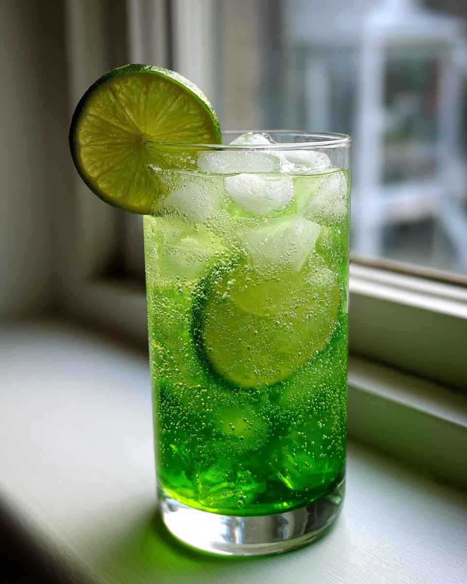 A tall glass filled with a bright green, fizzy Witch Brew Mocktail, ice cubes, and lime slices.