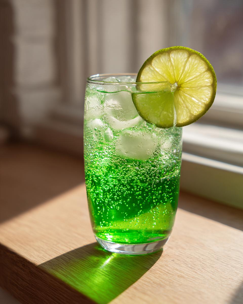 A vibrant green, bubbly Witch Brew Mocktail served over ice with a bright lime wheel garnish.
