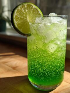 A tall glass filled with a vibrant, bubbly green Witch Brew Mocktail, garnished with a fresh lime wheel.