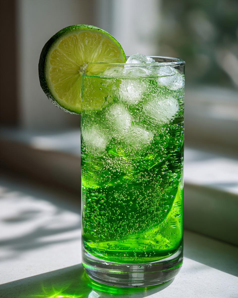 A tall glass filled with a vibrant green, bubbly Witch Brew Mocktail, ice cubes, and a lime slice.