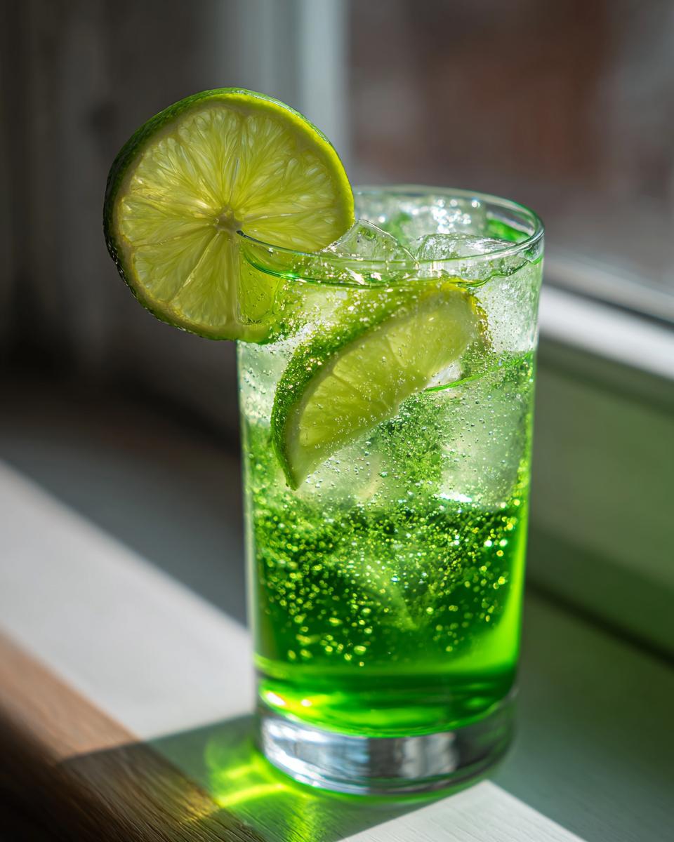 A tall glass filled with a vibrant, sparkling green Witch Brew Mocktail, garnished with fresh lime slices and ice.