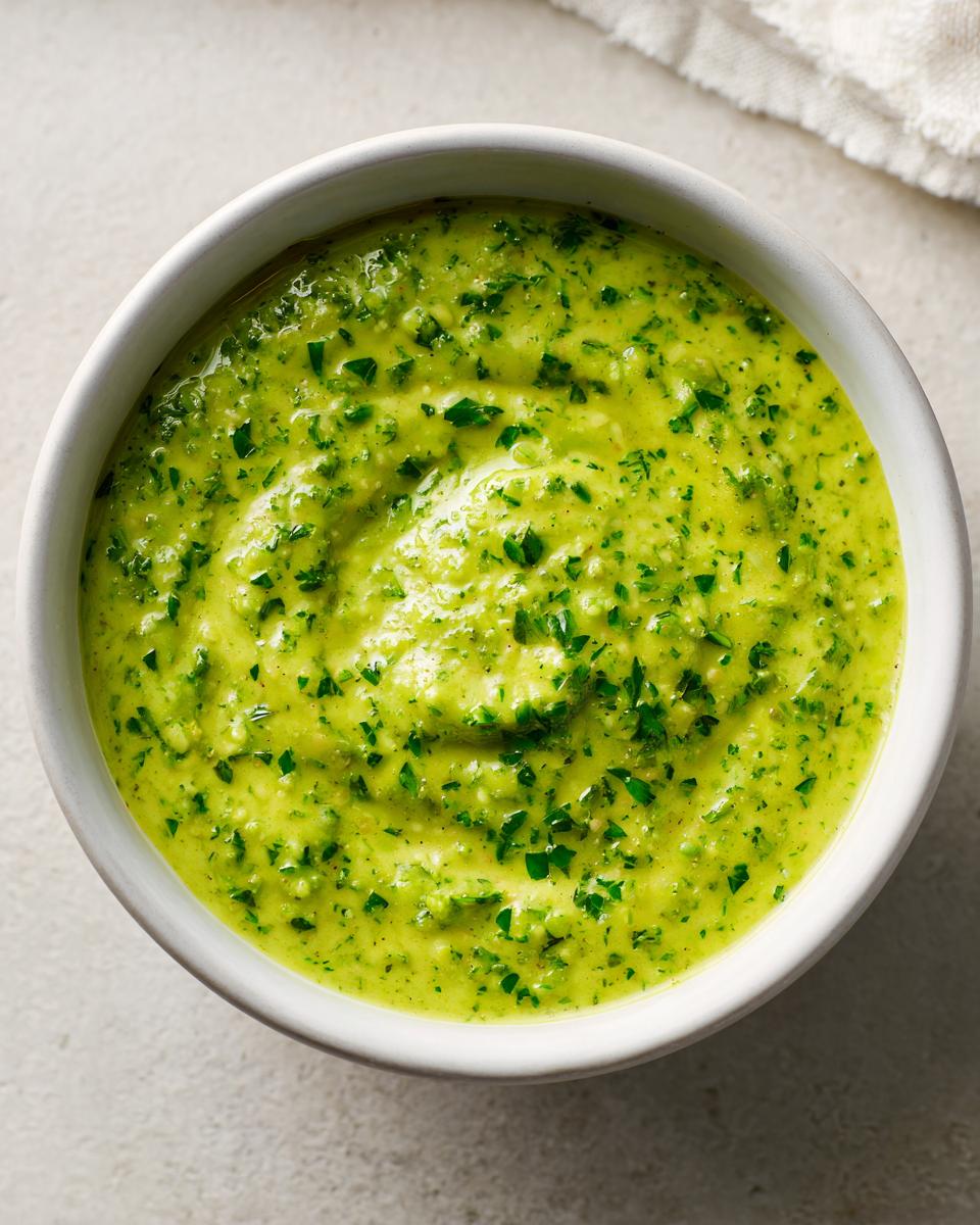 Close-up of vibrant green Witch Brew Salsa Verde Cream Dip topped with fresh parsley in a white bowl.
