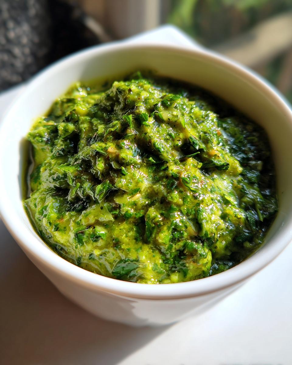 Close-up of vibrant green Witch Brew Salsa Verde Cream Dip texture in a small white bowl.