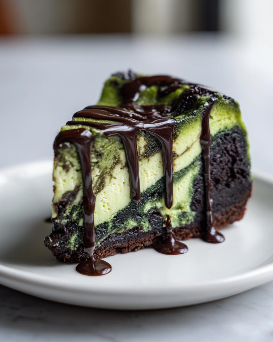 A slice of Witch Cauldron Cheesecake with green marbled filling, dark crust, and chocolate drizzle.