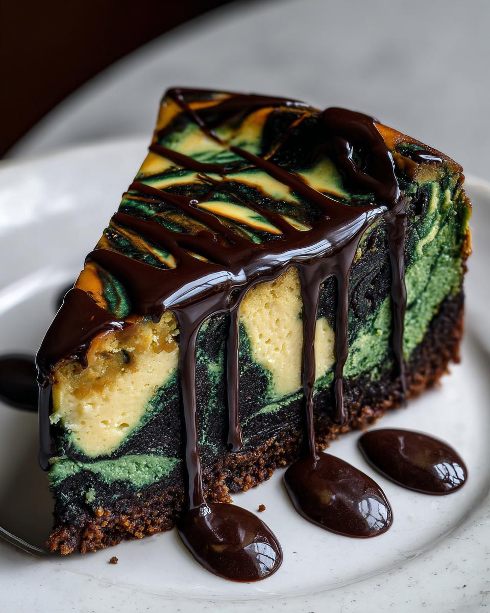 A slice of marbled Witch Cauldron Cheesecake featuring green, black, and yellow swirls, topped with thick chocolate syrup drips.
