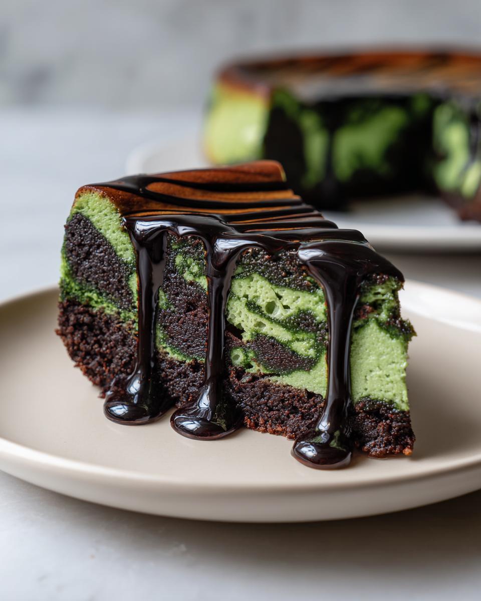 Close-up of a slice of Witch Cauldron Cheesecake featuring green and dark chocolate marbling, topped with thick chocolate syrup.