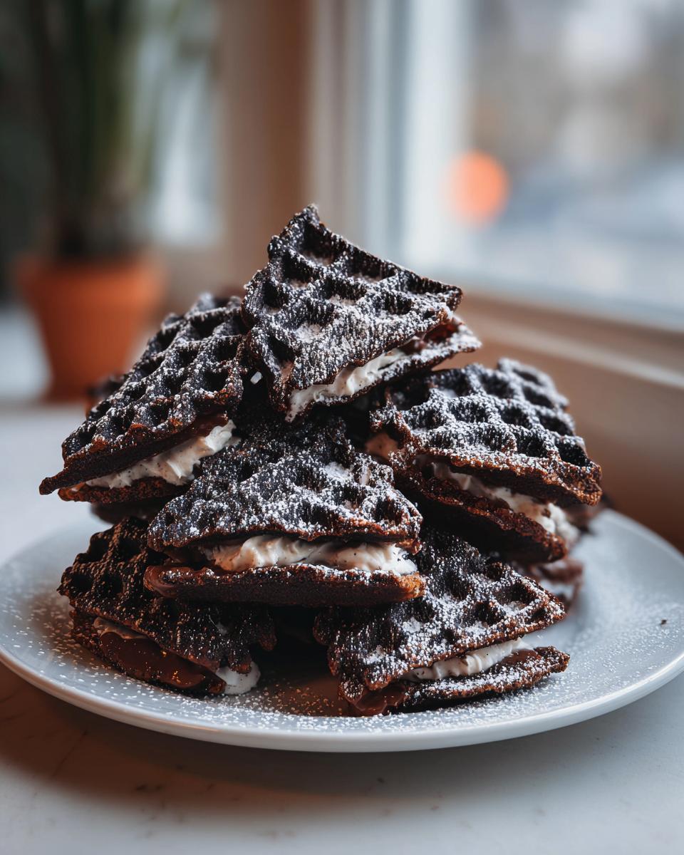 A stack of dark chocolate Witch Hat Waffles filled with white cream and dusted with powdered sugar.