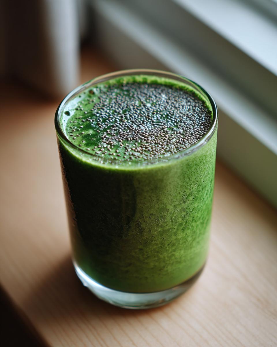 Close-up of a vibrant Witchy Green Smoothie in a glass, topped generously with chia seeds.