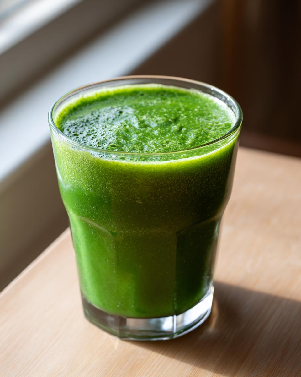 A tall glass filled with a vibrant, thick Witchy Green Smoothie, sitting on a wooden surface in natural light.