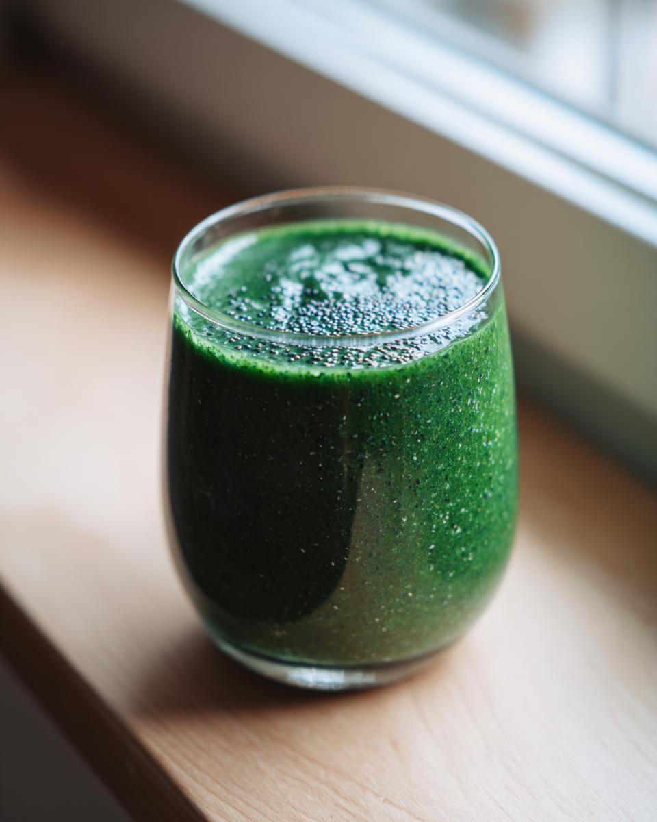 A vibrant glass of Witchy Green Smoothie topped with chia seeds, sitting on a light wooden surface near a window.
