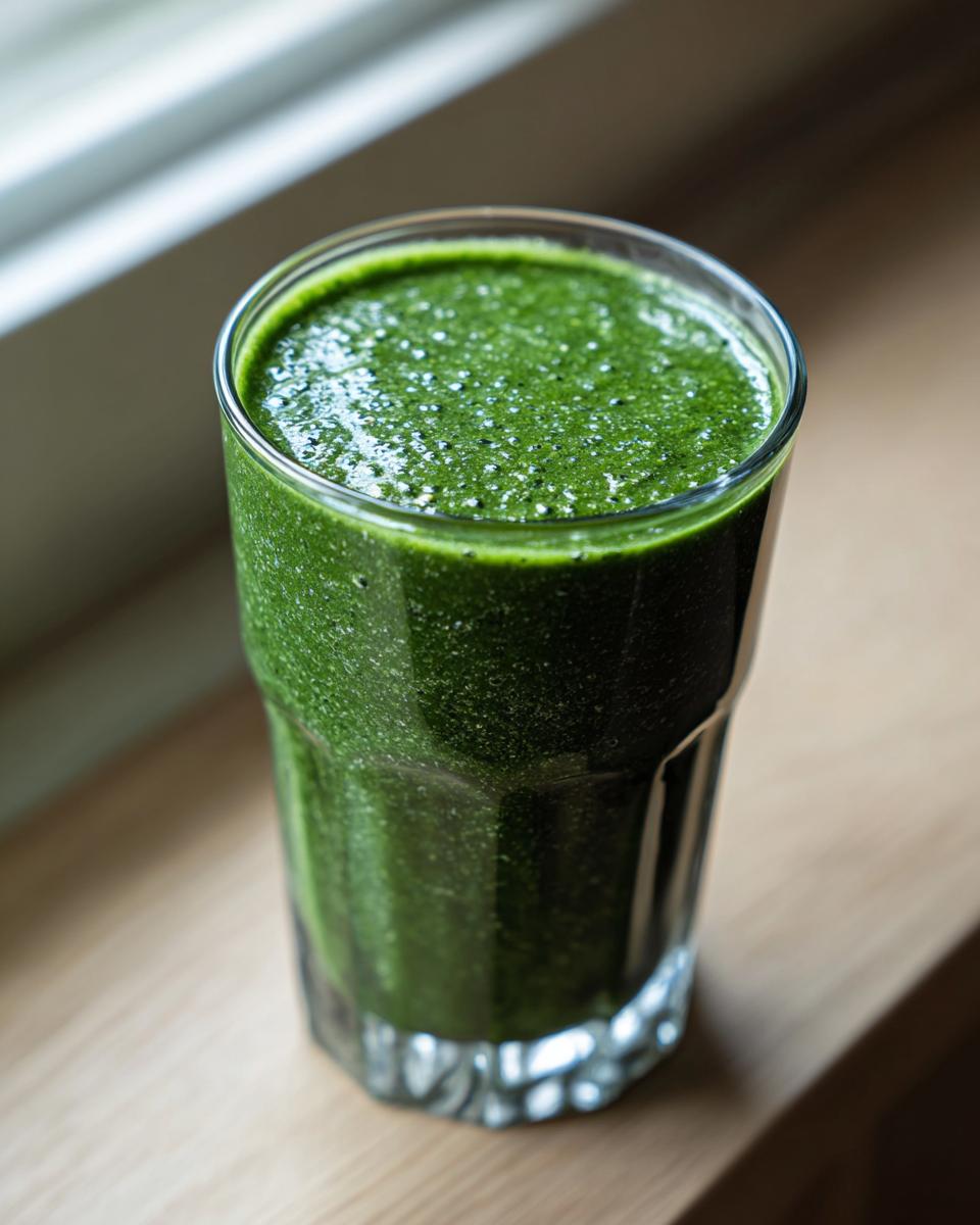 A tall glass filled with a thick, vibrant Witchy Green Smoothie sitting on a wooden surface near a window.