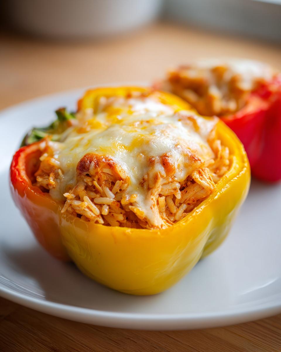 Close-up of a yellow bell pepper half stuffed with Shredded Chicken Rice and topped with melted cheese.