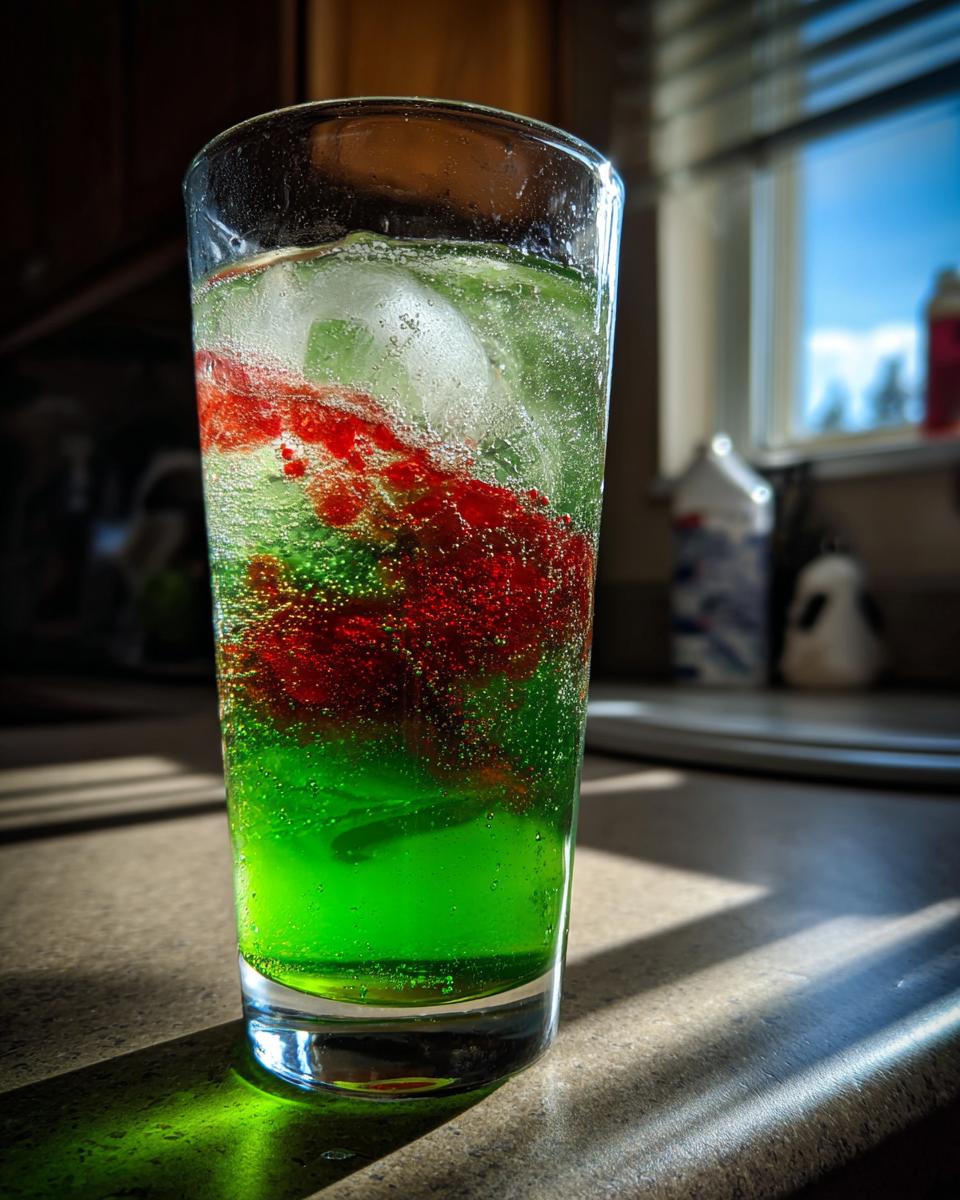 Close-up of a tall glass containing a vibrant green Zombie Punch Mocktail with red syrup swirling through the carbonated liquid and ice.