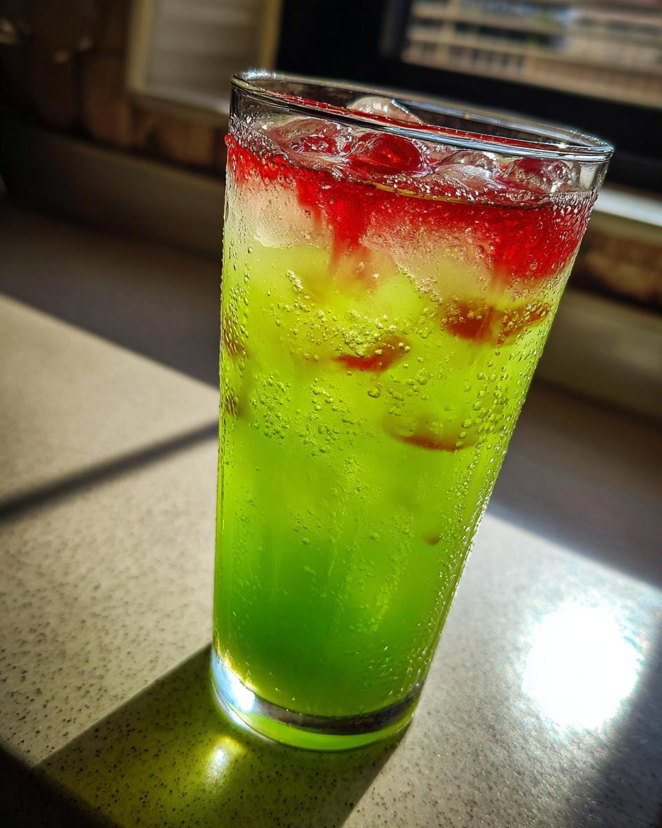 Close-up of a tall glass filled with a bright green, fizzy Zombie Punch Mocktail topped with red syrup and ice.