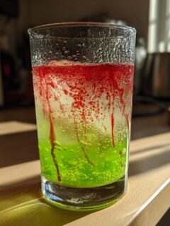 A tall glass featuring a layered Zombie Punch Mocktail with bright green liquid at the bottom and red syrup dripping down from the top.
