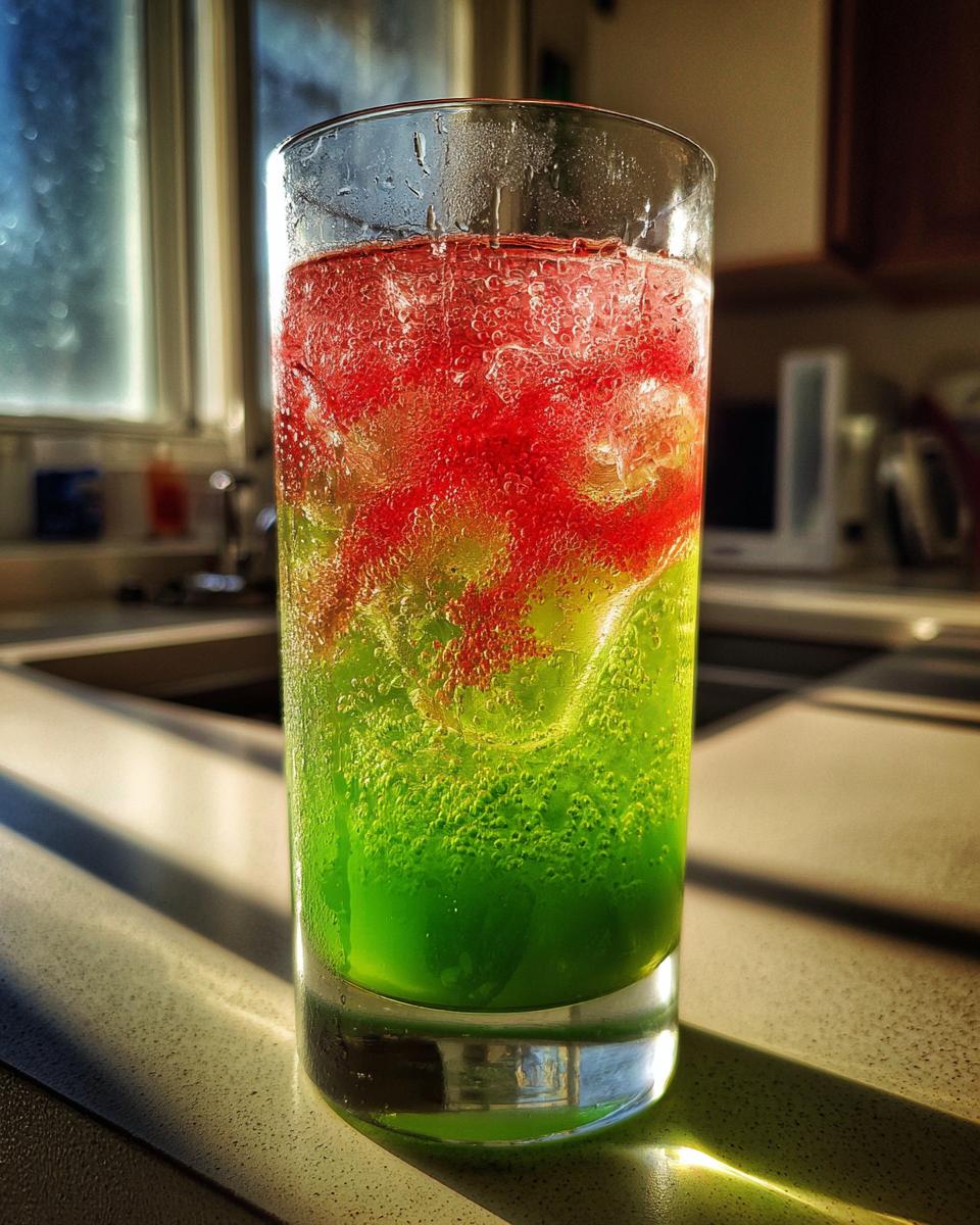 A tall glass filled with a layered Zombie Punch Mocktail, showing bright green liquid topped with red, fizzy layers over ice.