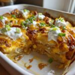 A close-up of baked Mississippi Mud Potatoes in a white dish, topped with melted cheddar, sour cream dollops, and green onions.