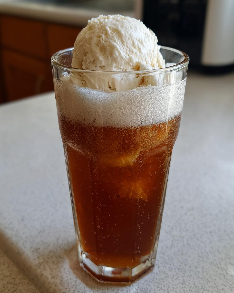 A tall glass containing a fizzy brown liquid topped with a large scoop of vanilla ice cream, making an Apple Cider Float.