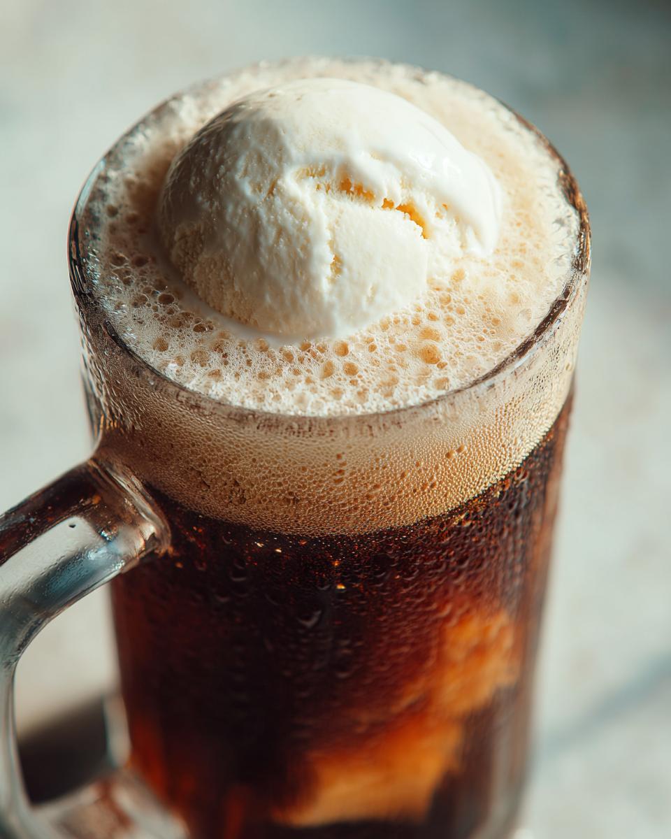 Close-up of a frosty mug containing a dark beverage topped with a scoop of vanilla ice cream, creating a bubbly Apple Cider Float.
