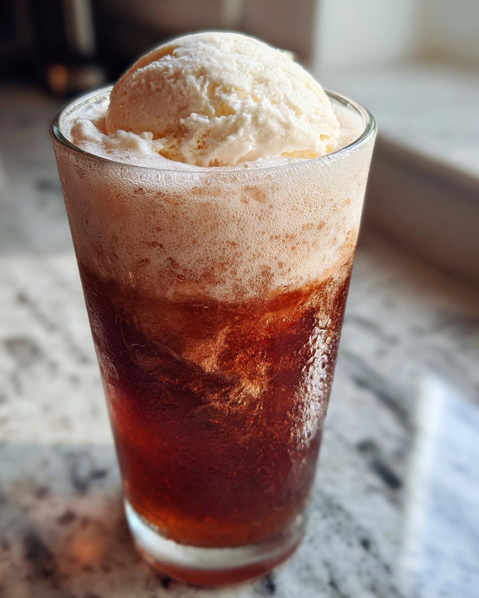 A tall glass filled with a fizzy, dark amber Apple Cider Float topped with a scoop of vanilla ice cream.
