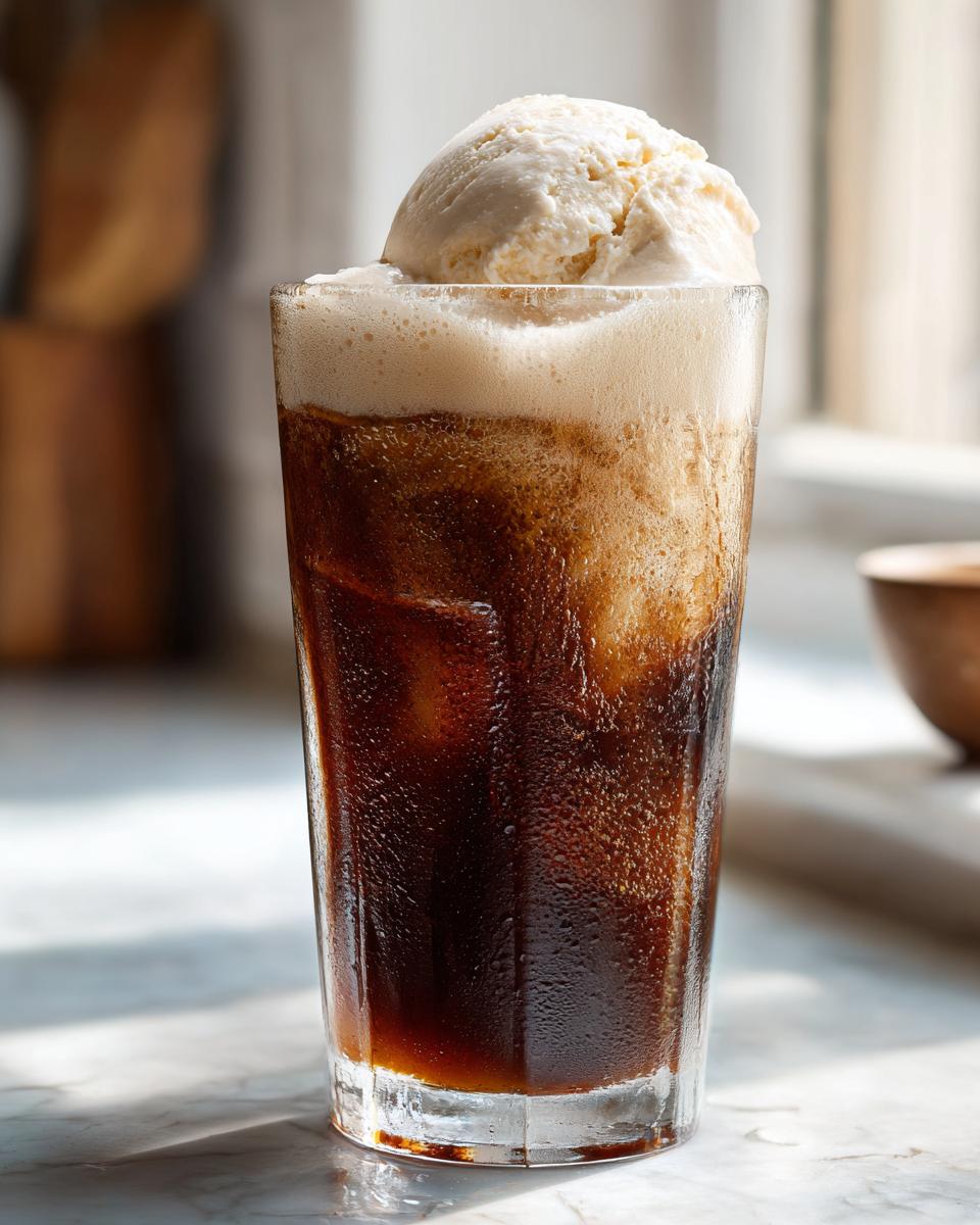 A tall glass of fizzy, dark liquid topped with a scoop of vanilla ice cream, creating an Apple Cider Float.