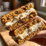 A close-up cross-section view showing the rich, spiced cake layers and thick cream cheese frosting of homemade Apple Cider Whoopie Pies.