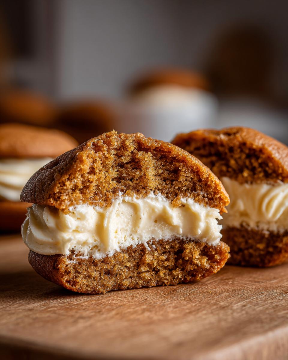 Close-up of an Apple Cider Whoopie Pie cut in half, showing the moist, spiced cake and thick cream filling.