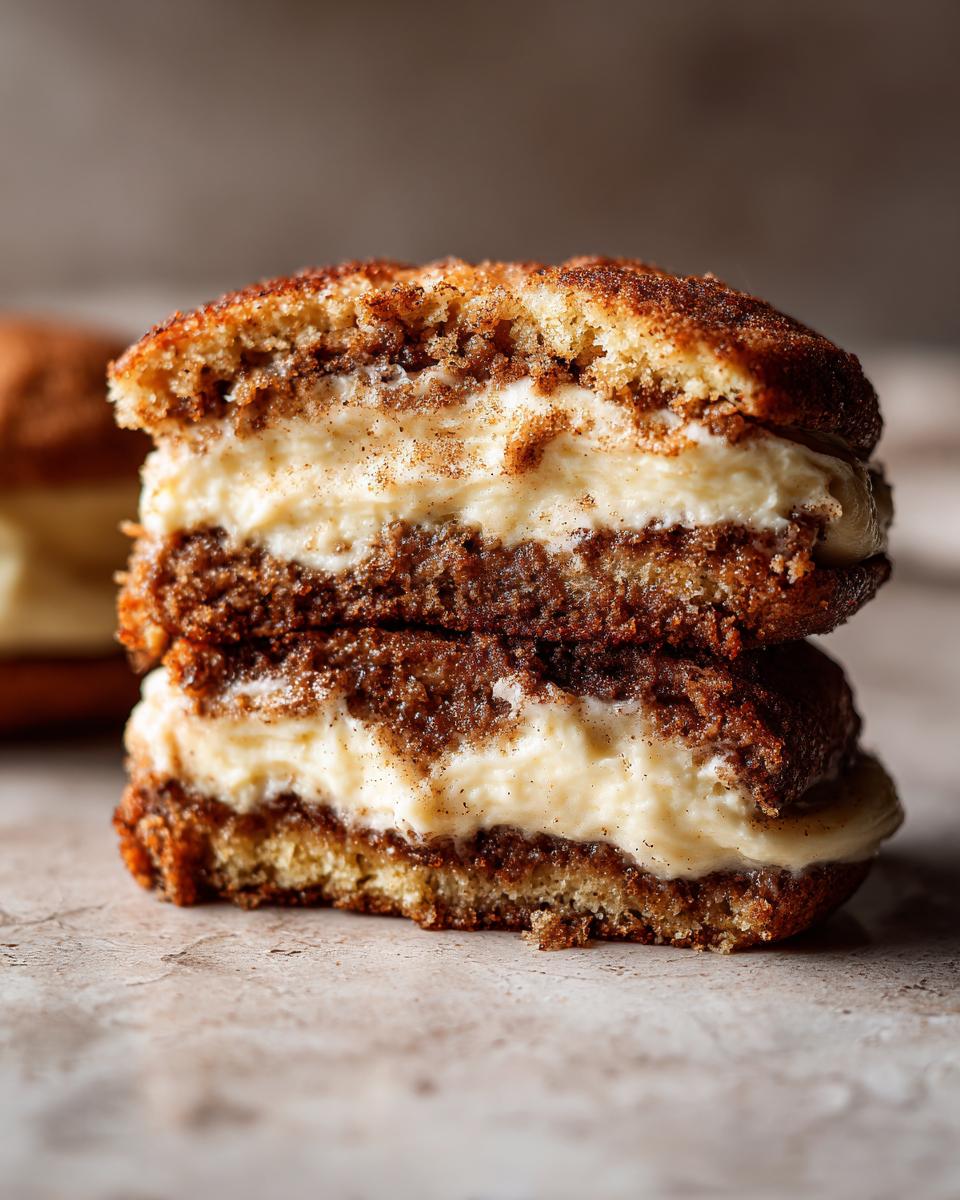 Close-up of two stacked Apple Cider Whoopie Pies cut in half, revealing dark spiced cake layers and thick vanilla cream filling.