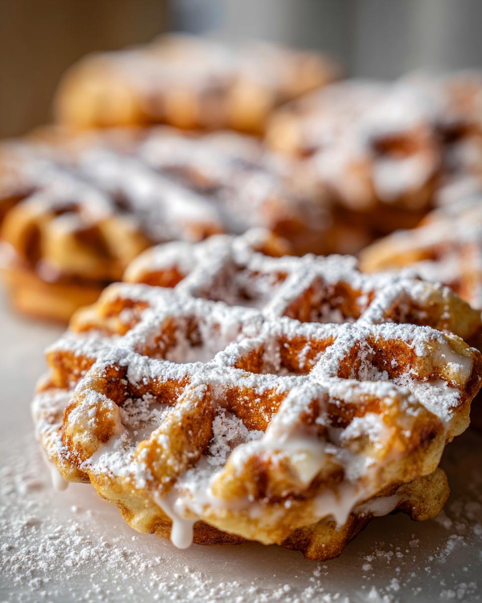 Close-up of a golden Apple Fritter Waffle Donut topped with white icing glaze and powdered sugar.