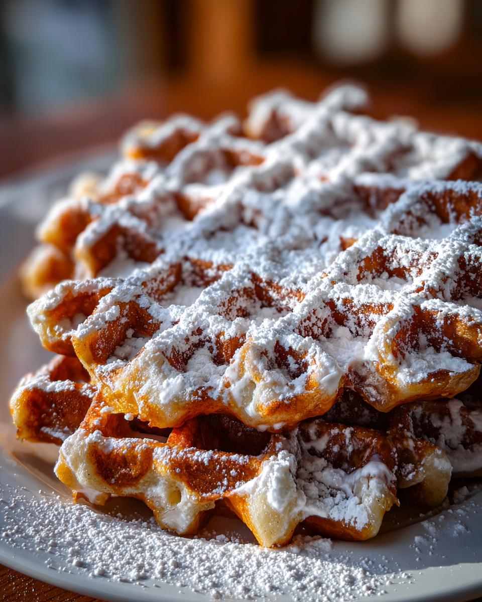 A stack of golden brown Apple Fritter Waffle Donuts heavily dusted with powdered sugar.