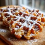 Close-up of golden brown Apple Fritter Waffle Donuts dusted heavily with powdered sugar and topped with nuts.
