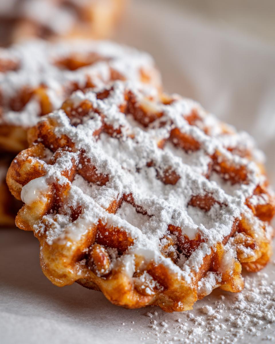 A close-up, macro shot of a golden brown Apple Fritter Waffle Donut generously dusted with powdered sugar.
