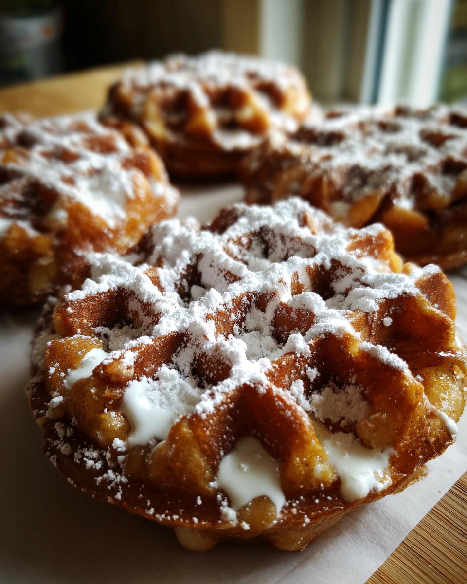 Close-up of golden brown Apple Fritter Waffle Donuts dusted heavily with powdered sugar and drizzled with white icing.