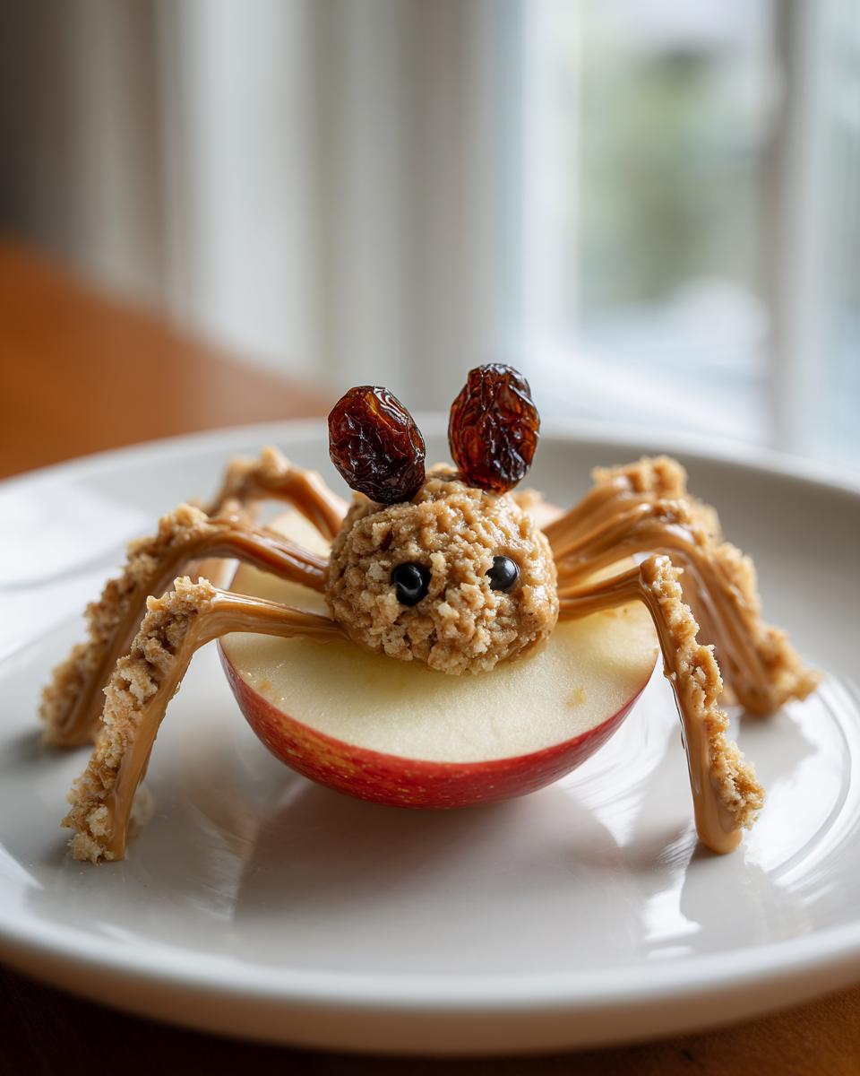 A cute Apple Spider Snack made from an apple slice, peanut butter, and raisins, ready to eat.