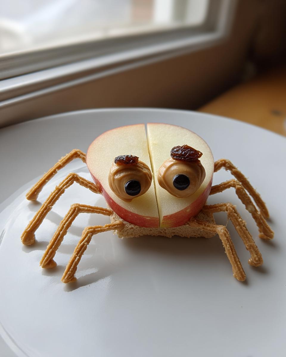 A fun Apple Spider Snack made from apple slices, peanut butter eyes with raisins, and pretzel legs, sitting on a white plate.